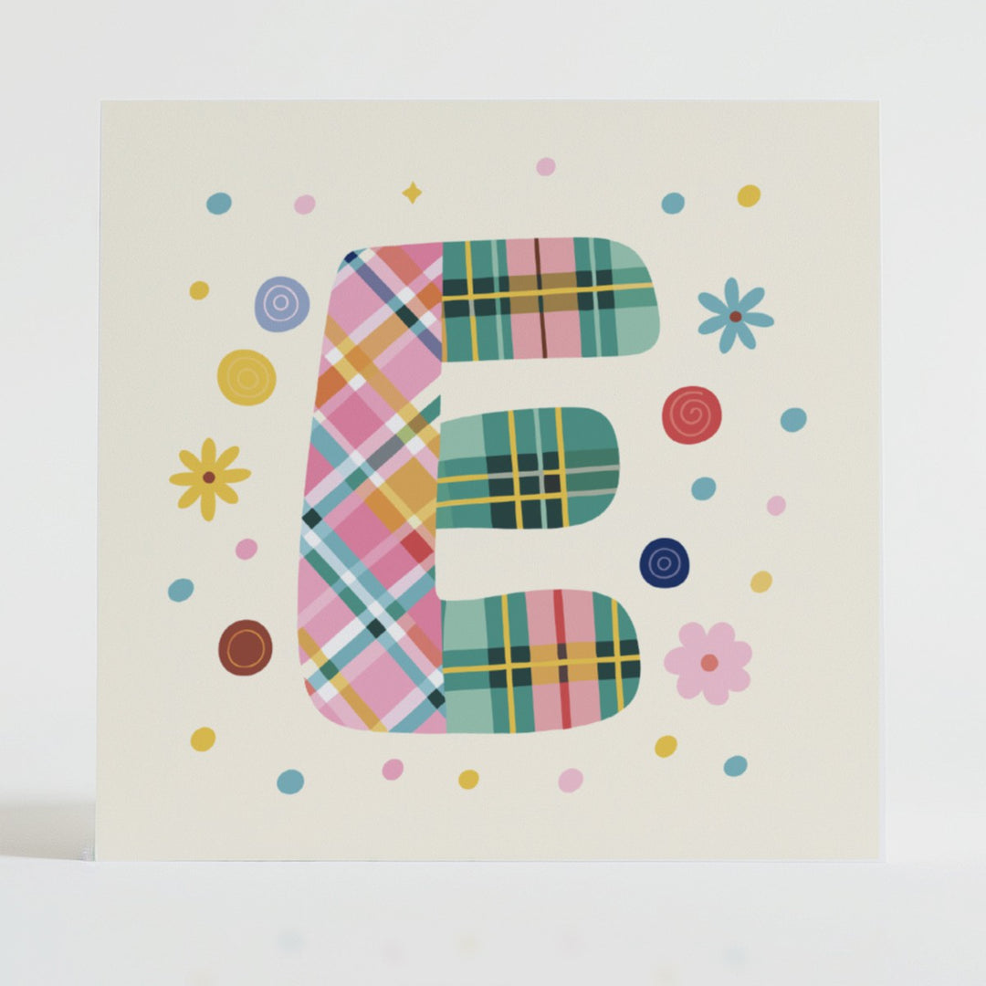 Tartan Pop Letter E - Mental health card featuring a bold E design with a tartan pattern and uplifting message.