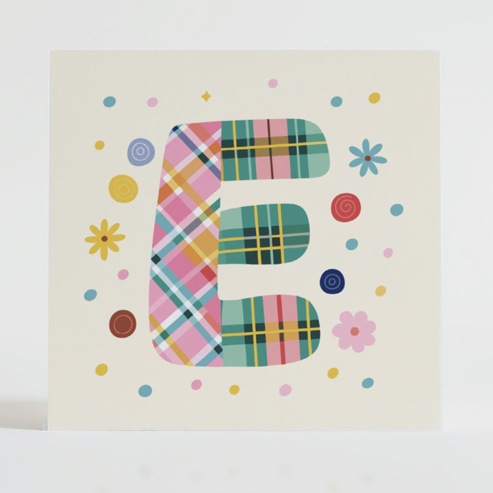 Tartan Pop Letter E - Mental health card featuring a bold E design with a tartan pattern and uplifting message.