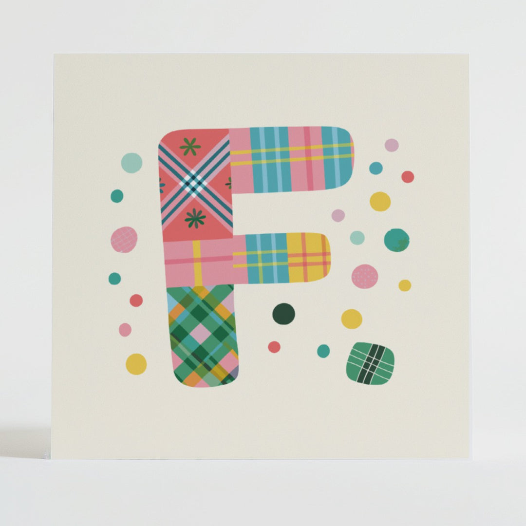 Tartan Pop Letter F - Mental health card featuring a bold F design with a tartan pattern and uplifting message.