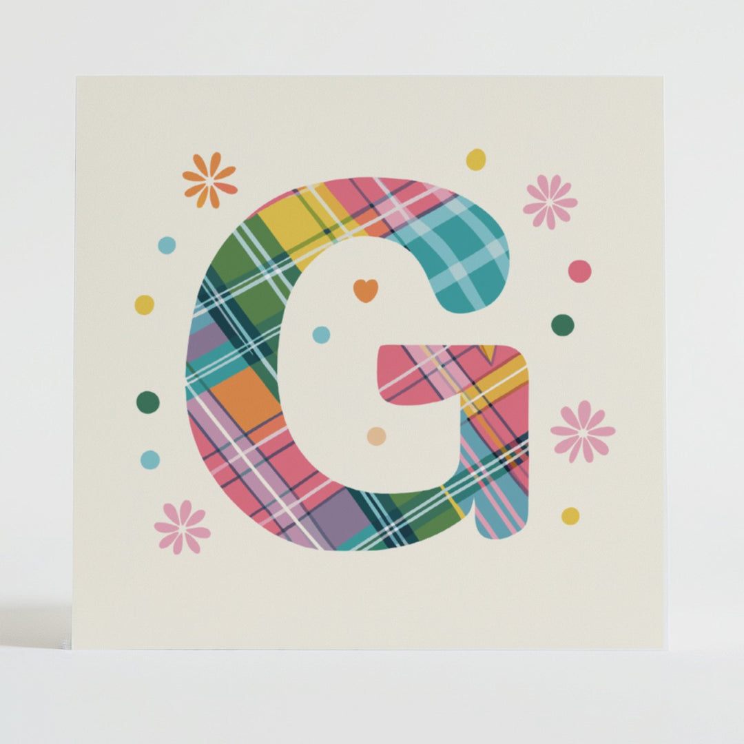 Tartan Pop Letter G - Mental health card featuring a bold G design with a tartan pattern and uplifting message.