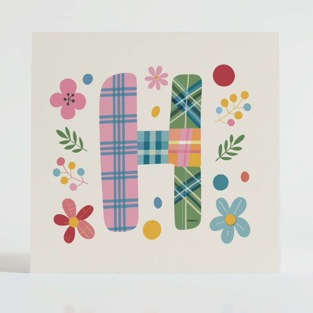 Tartan Pop Letter H - Mental health card featuring a bold H design with a tartan pattern and uplifting message.