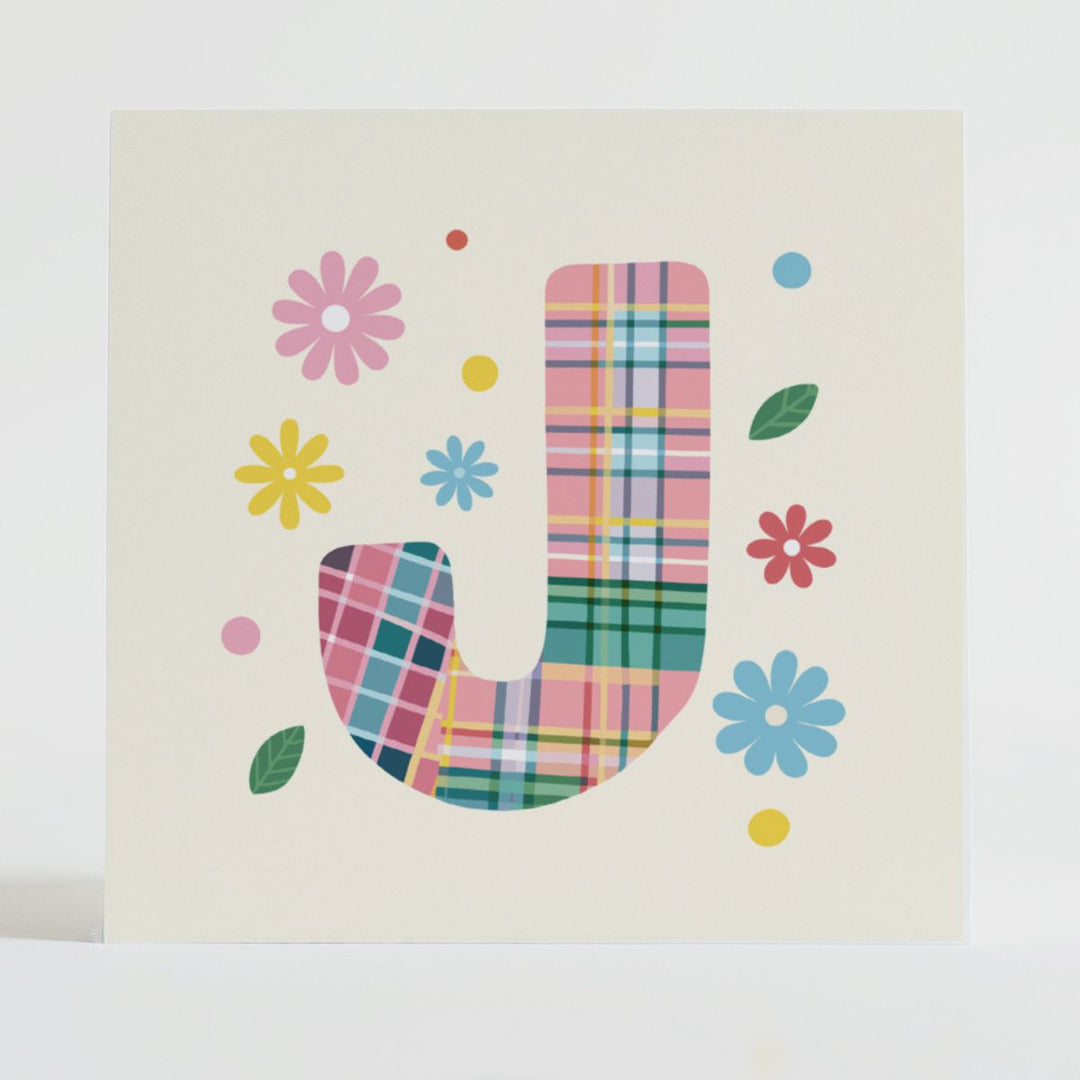 Tartan Pop Letter J - Mental health card featuring a bold J design with a tartan pattern and uplifting message.