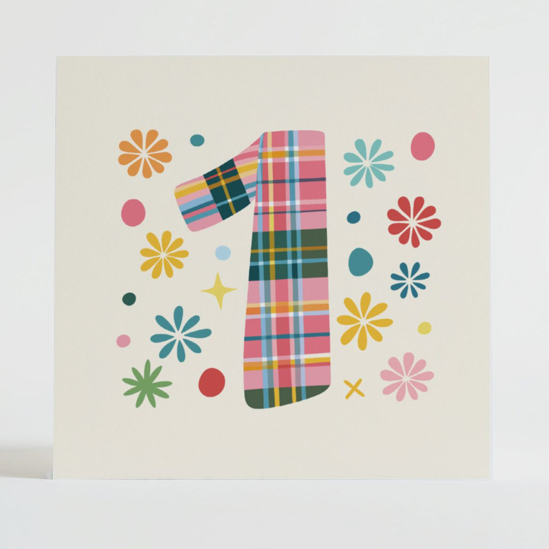 tartan pop number 1 - inspirational card featuring bold Scottish tartan design and uplifting first milestone theme.