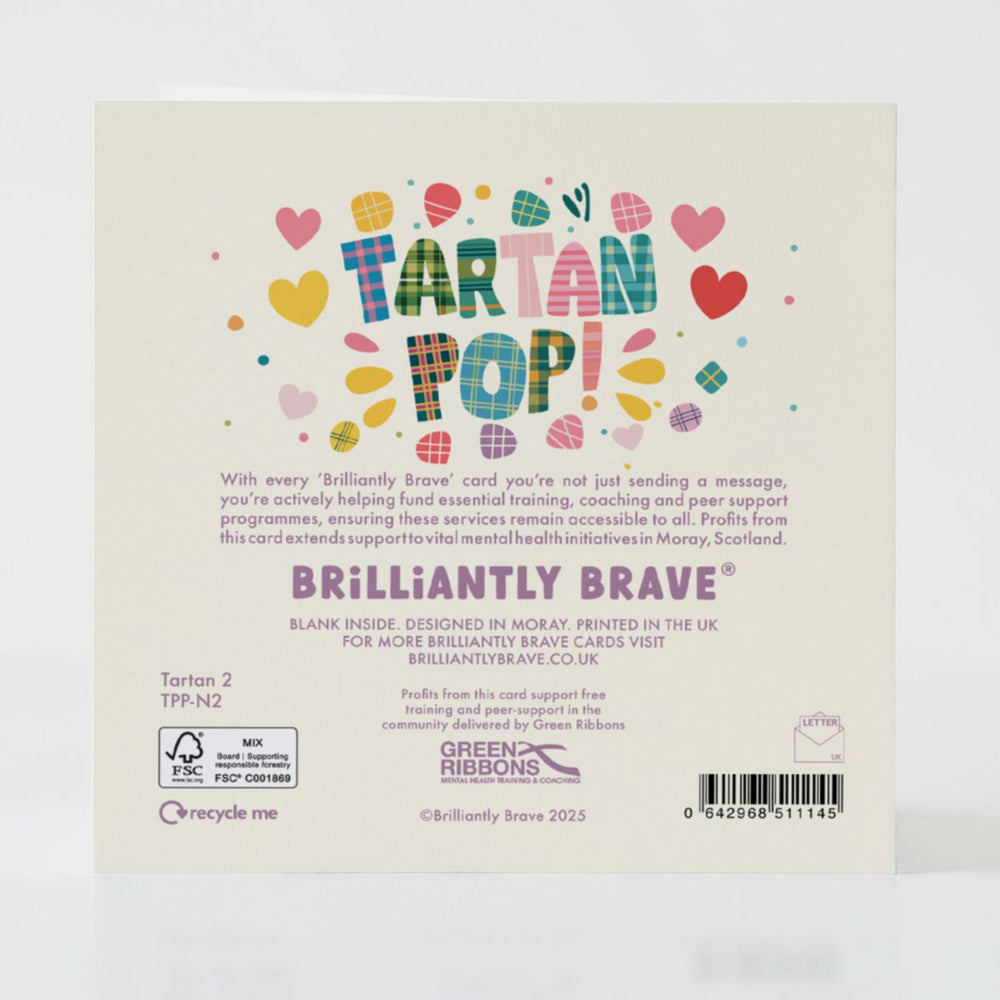 tartan pop number 2 - back of the card with FSC-certified board and subtle details.
