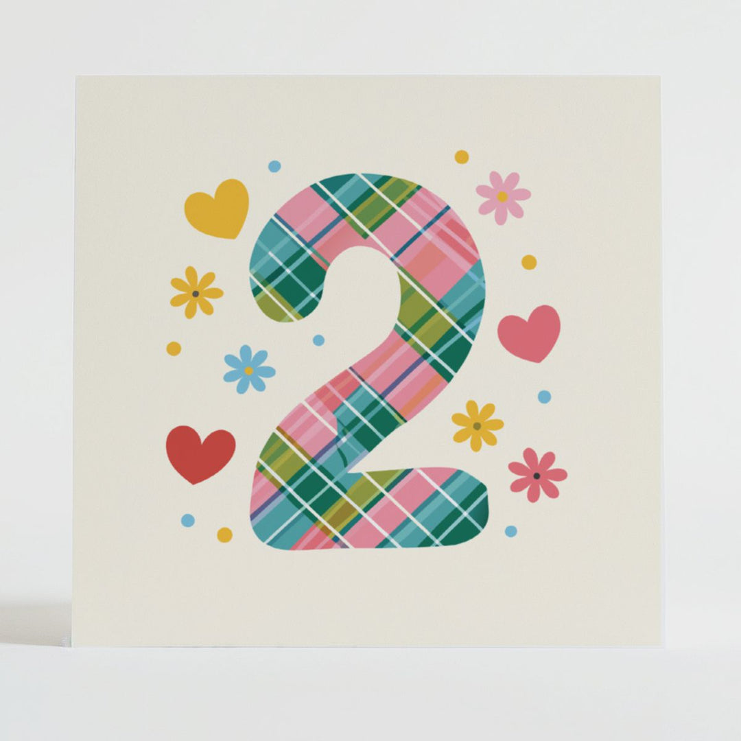 tartan pop number 2 - supportive card showcasing Highland-inspired tartan with hearts and blooms for double the joy.