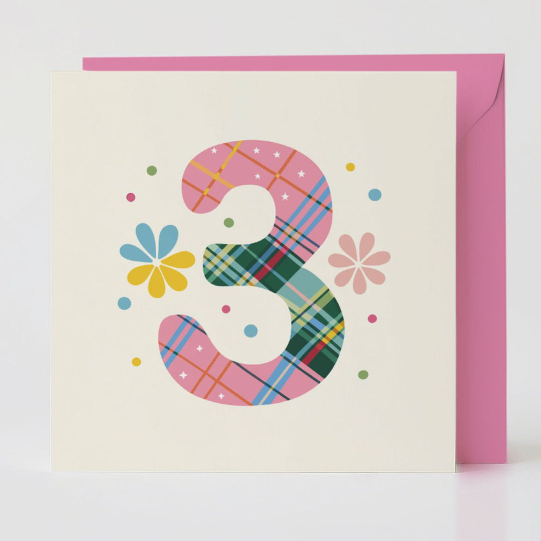 tartan pop number 3 - celebration card with matching envelope to spread happiness