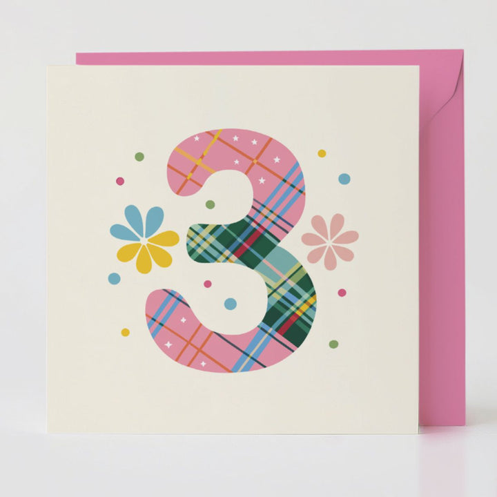 tartan pop number 3 - celebration card with matching envelope to spread happiness