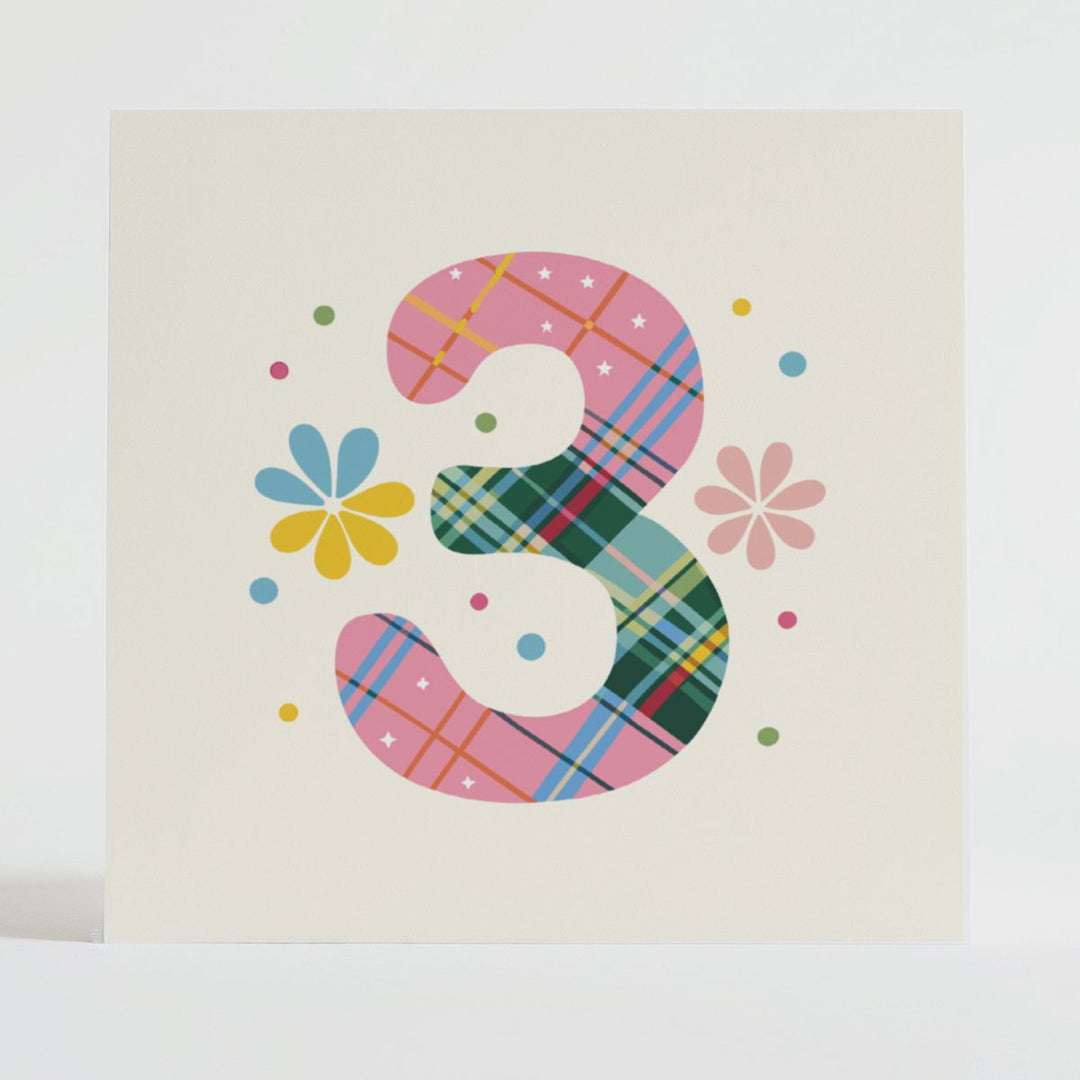 tartan pop number 3 - uplifting card with cheerful Scottish tartan and floral design celebrating milestones.