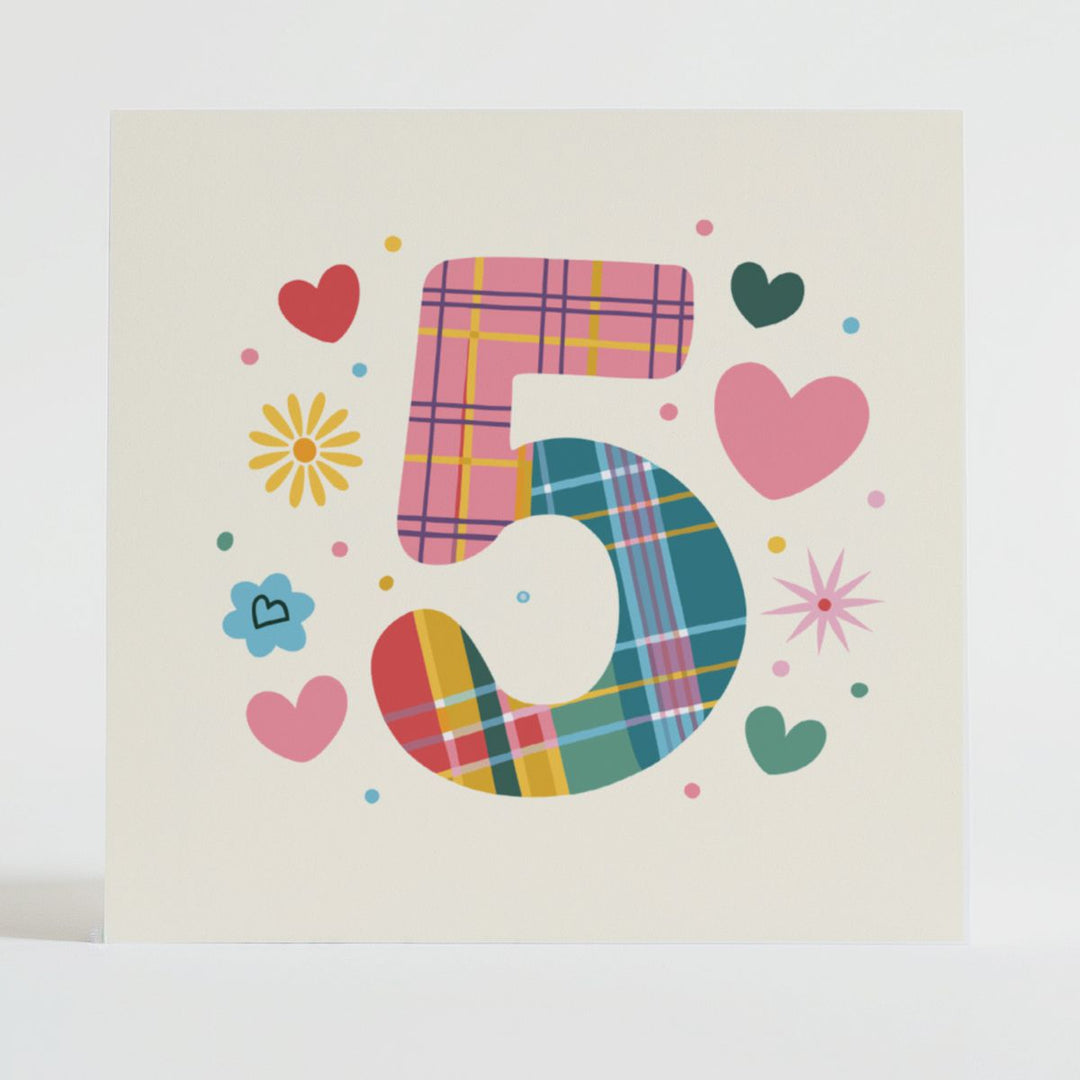 tartan pop number 5 - emotional wellbeing card featuring tartan-inspired design with playful blooms and hearts.