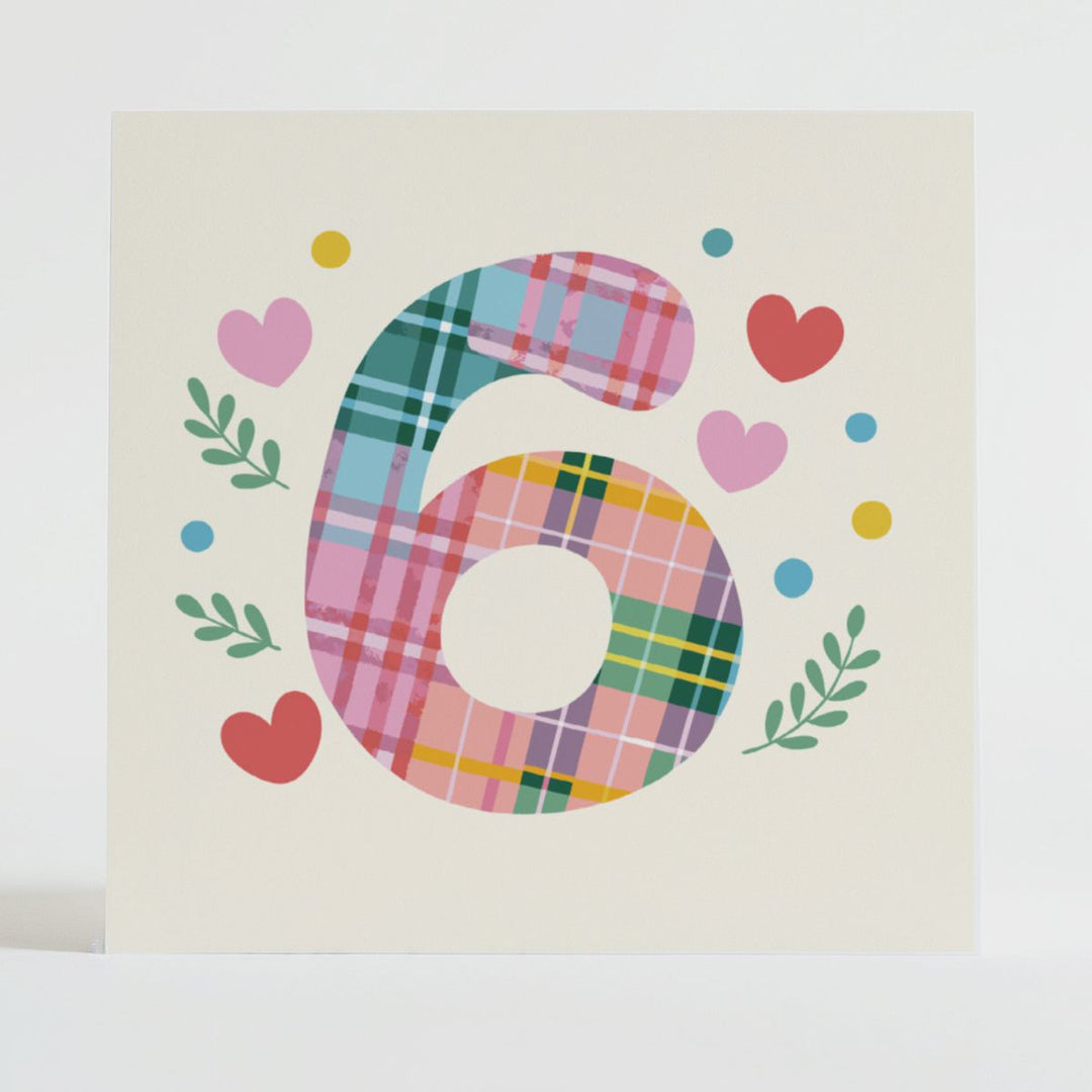 tartan pop number 6 - encouraging card with Highland tartan and cheerful design elements for lasting recognition.