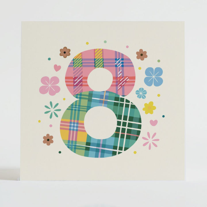 tartan pop number 8 - inspirational card with bold tartan design celebrating Highland charm and community care.