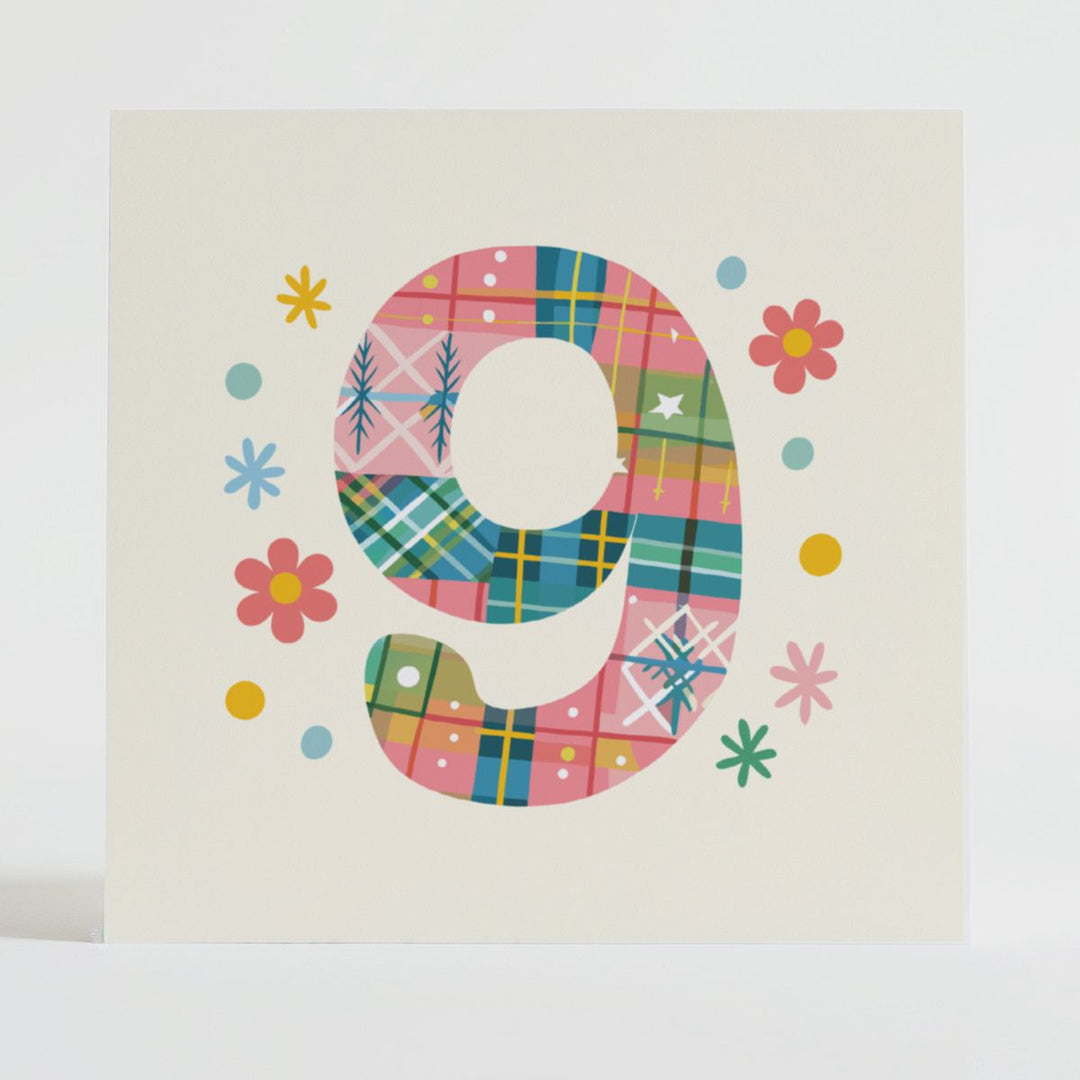 tartan pop number 9 - celebratory card featuring playful tartan design for meaningful and joyous milestones.