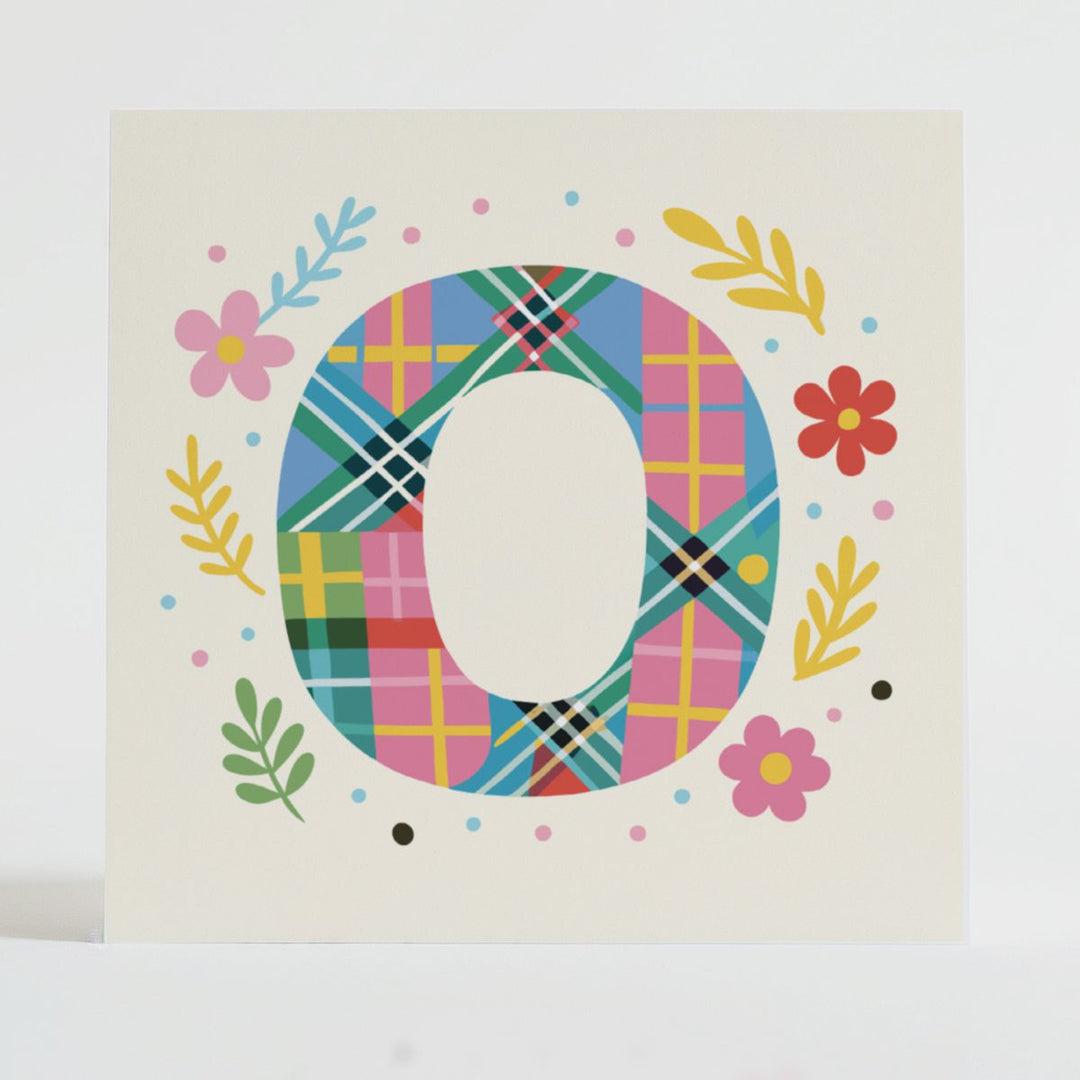 Tartan Pop Letter O - Mental health card featuring a bold O design with a tartan pattern and uplifting message.