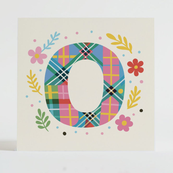 Tartan Pop Letter O - Mental health card featuring a bold O design with a tartan pattern and uplifting message.