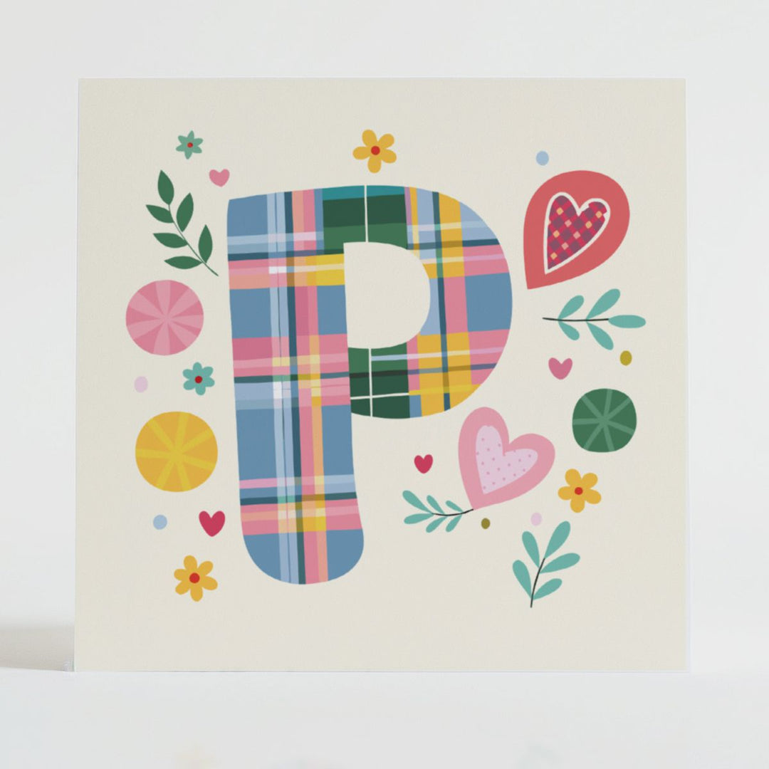 Tartan Pop Letter P - Mental health card featuring a bold P design with a tartan pattern and uplifting message.