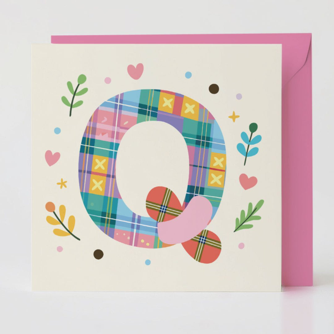 Tartan Pop Letter Q - Mental health card with matching envelope for a meaningful connection.