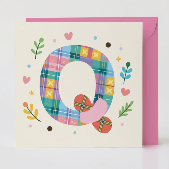 Tartan Pop Letter Q - Mental health card with matching envelope for a meaningful connection.