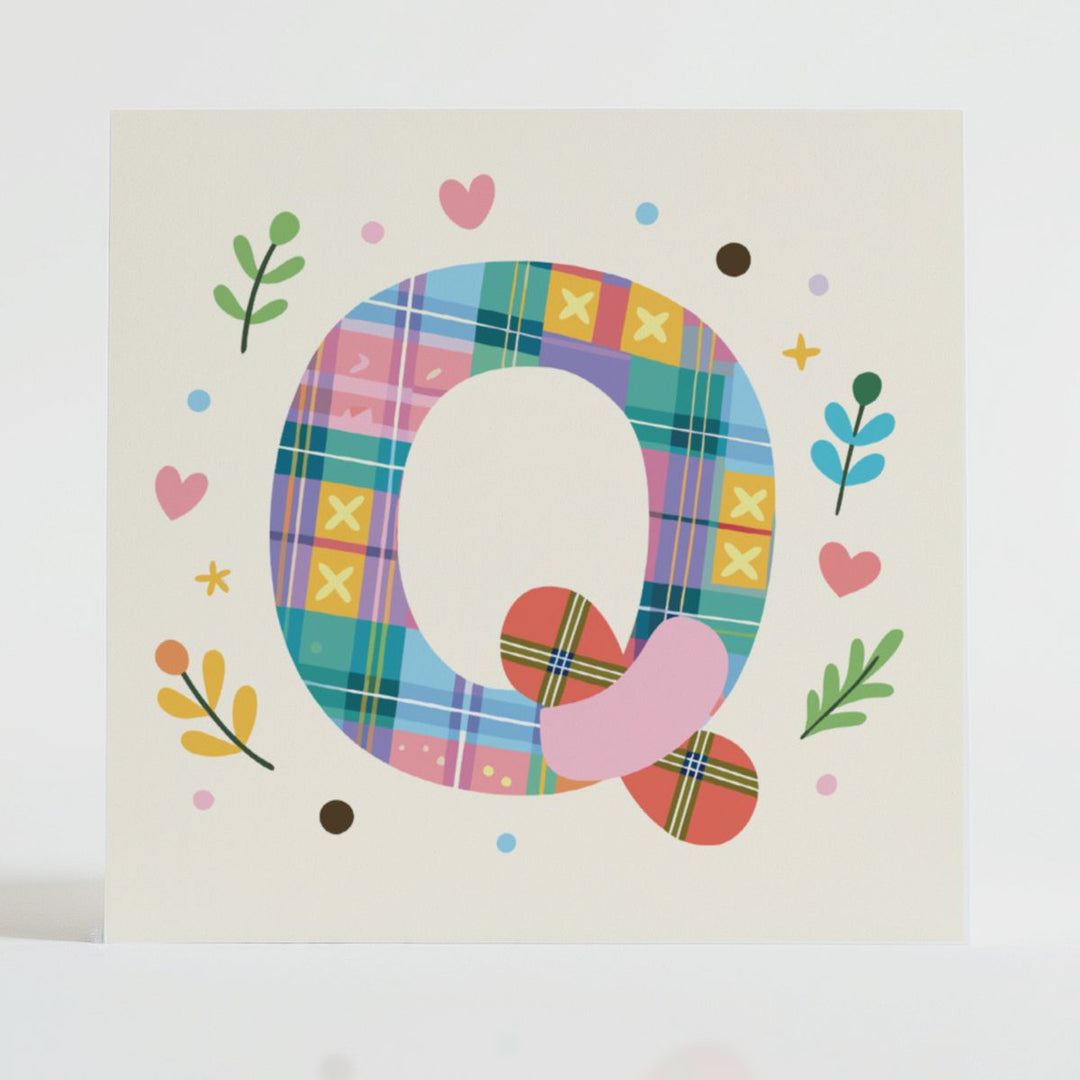 Tartan Pop Letter Q - Mental health card featuring a bold Q design with a tartan pattern and uplifting message.