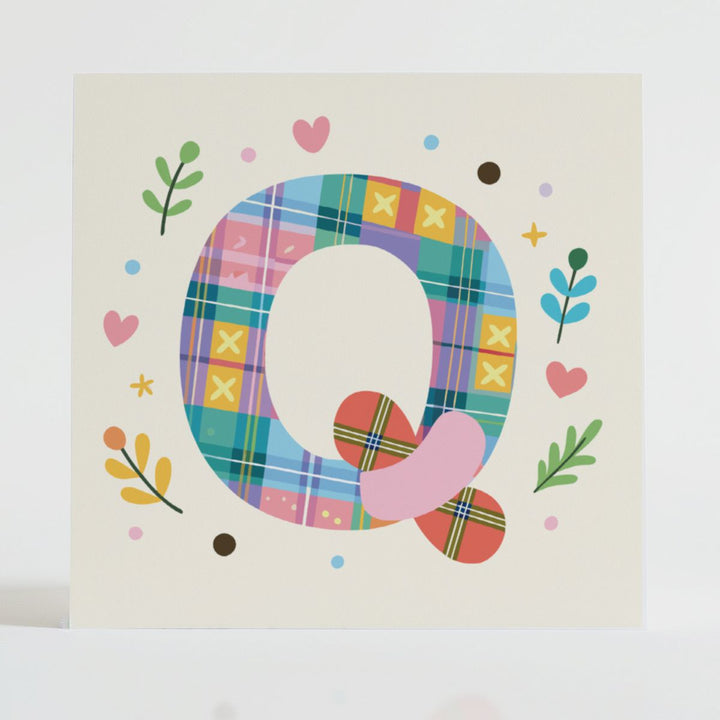 Tartan Pop Letter Q - Mental health card featuring a bold Q design with a tartan pattern and uplifting message.
