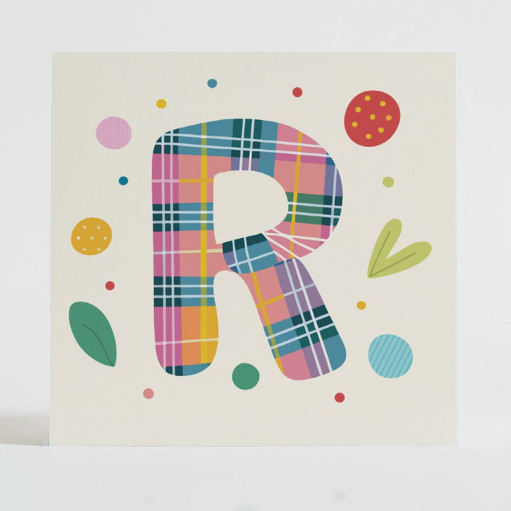 Tartan Pop Letter R - Mental health card featuring a bold R design with a tartan pattern and uplifting message.