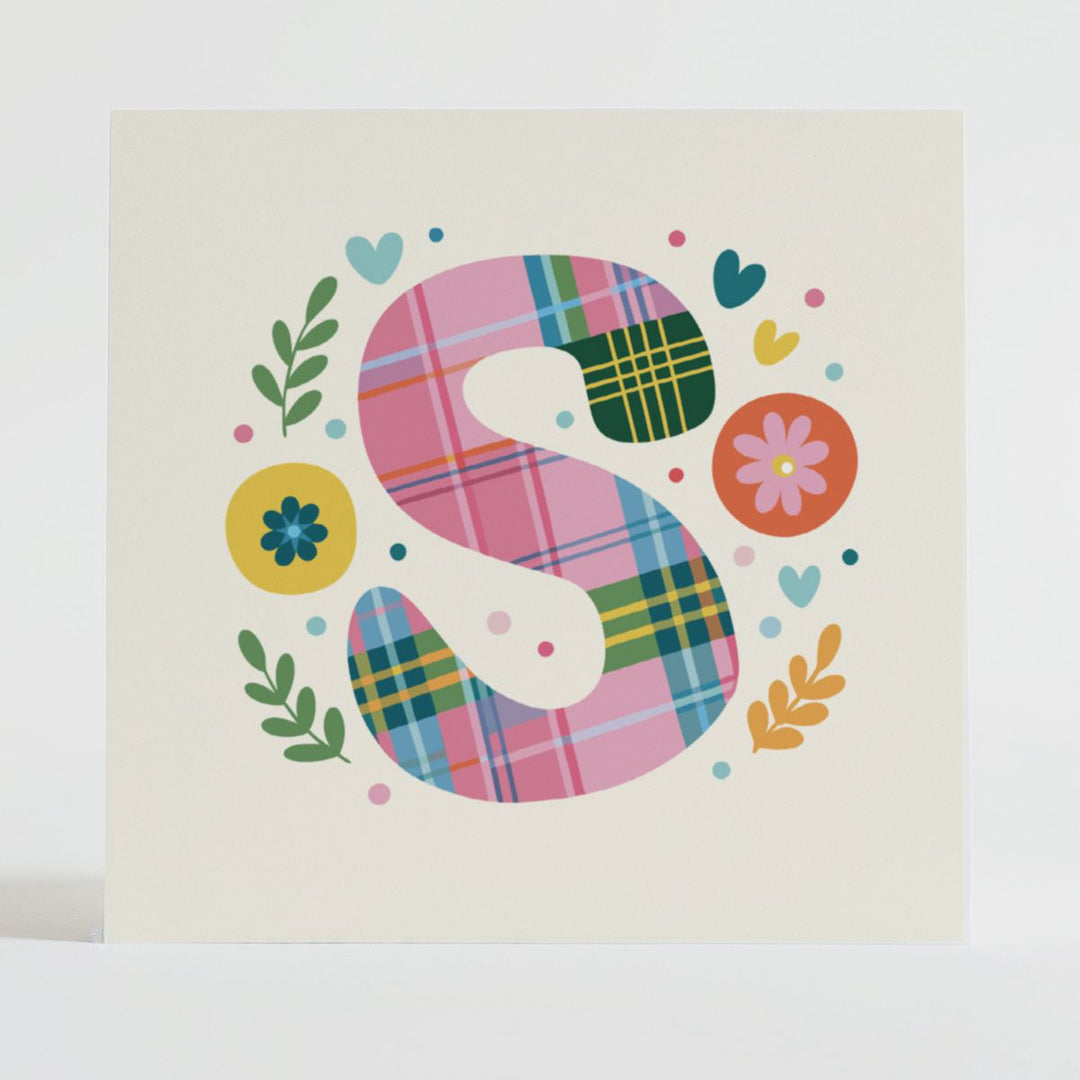 Tartan Pop Letter S - Mental health card featuring a bold S design with a tartan pattern and uplifting message.
