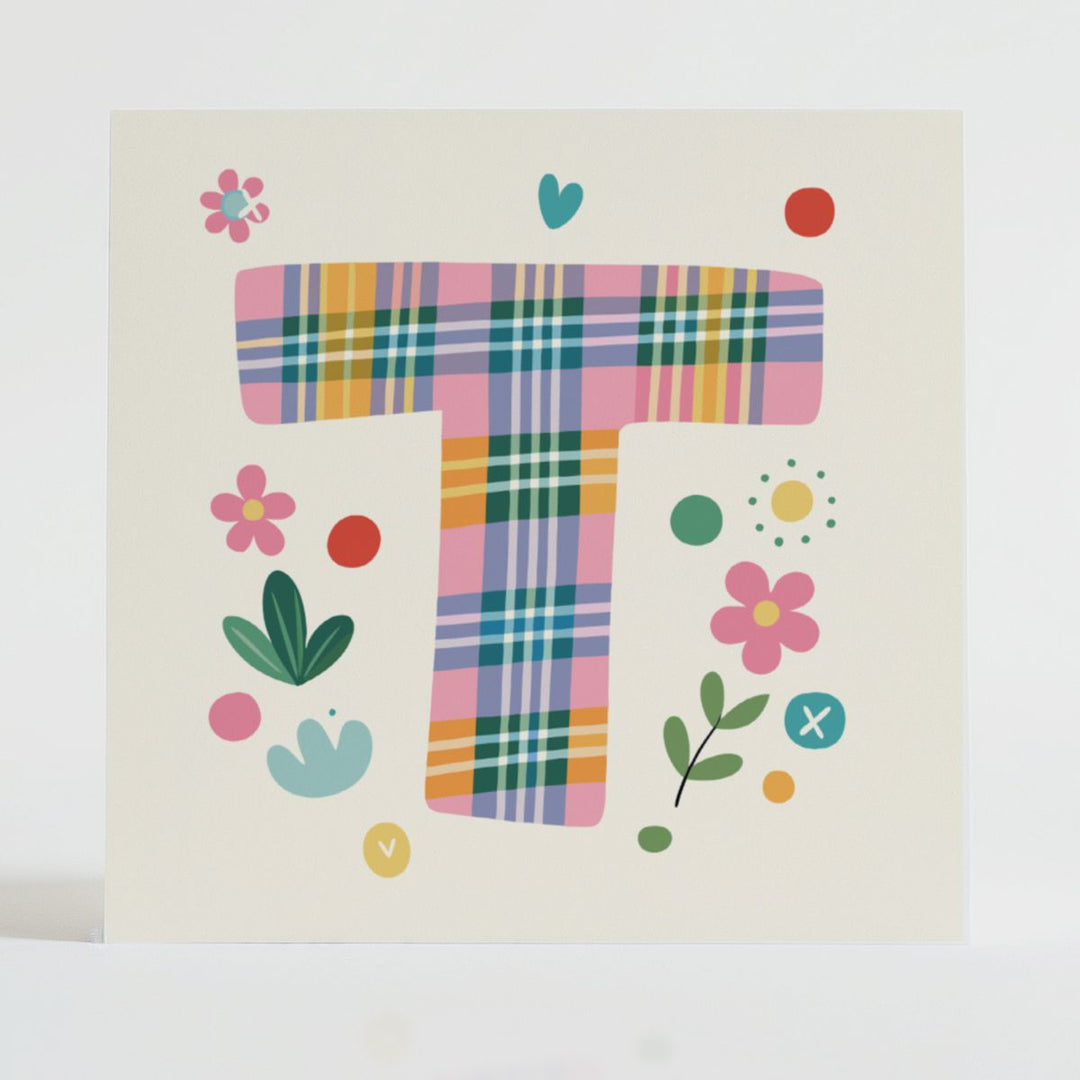 Tartan Pop Letter T - Mental health card featuring a bold T design with a tartan pattern and uplifting message.