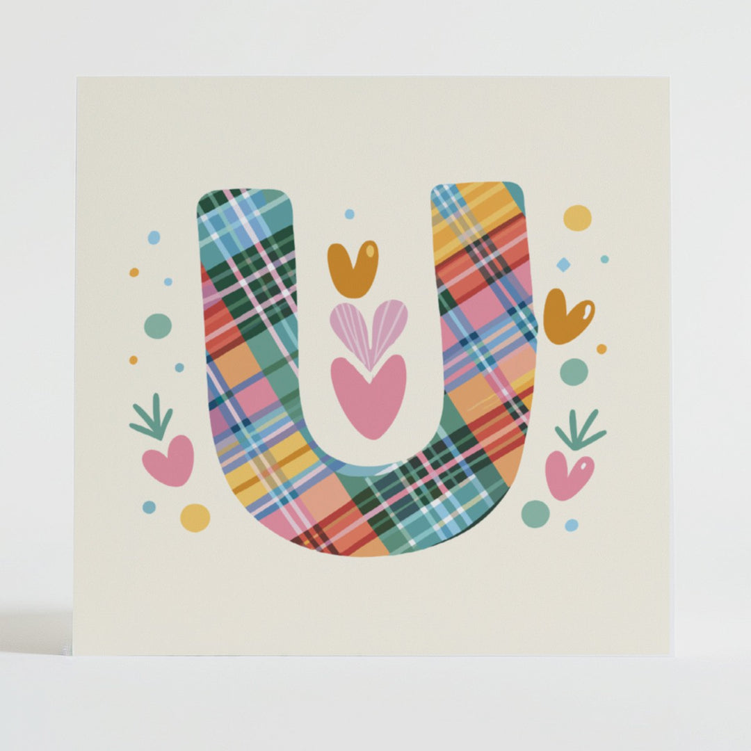 Tartan Pop Letter U - Mental health card featuring a bold U design with a tartan pattern and uplifting message.