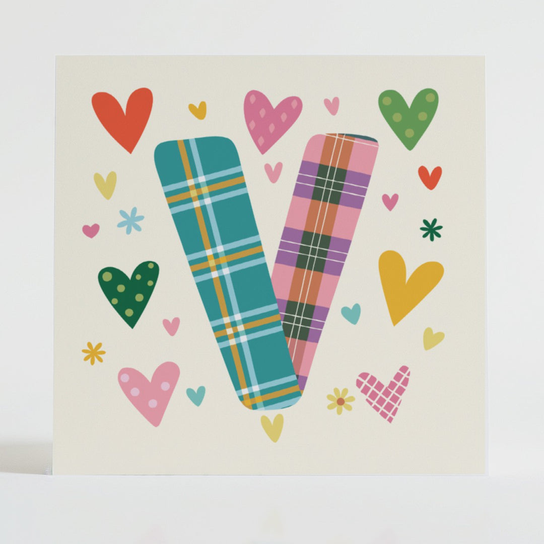 Tartan Pop Letter V - Mental health card featuring a bold V design with a tartan pattern and uplifting message.