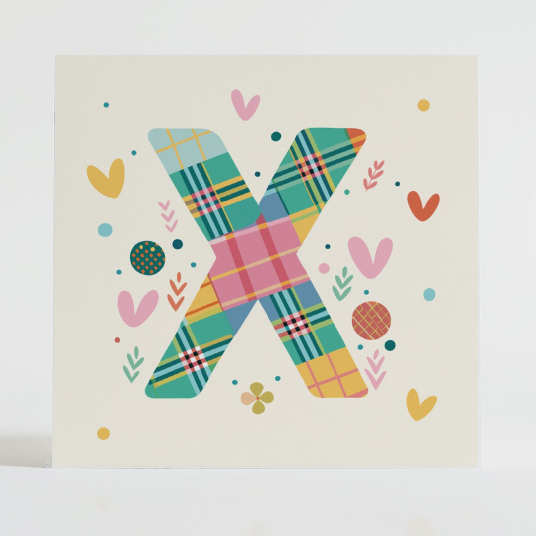 Tartan Pop Letter X - Mental health card featuring a bold X design with a tartan pattern and uplifting message.