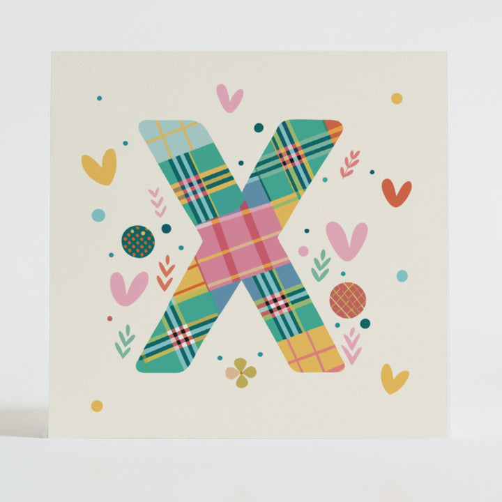 Tartan Pop Letter X - Mental health card featuring a bold X design with a tartan pattern and uplifting message.