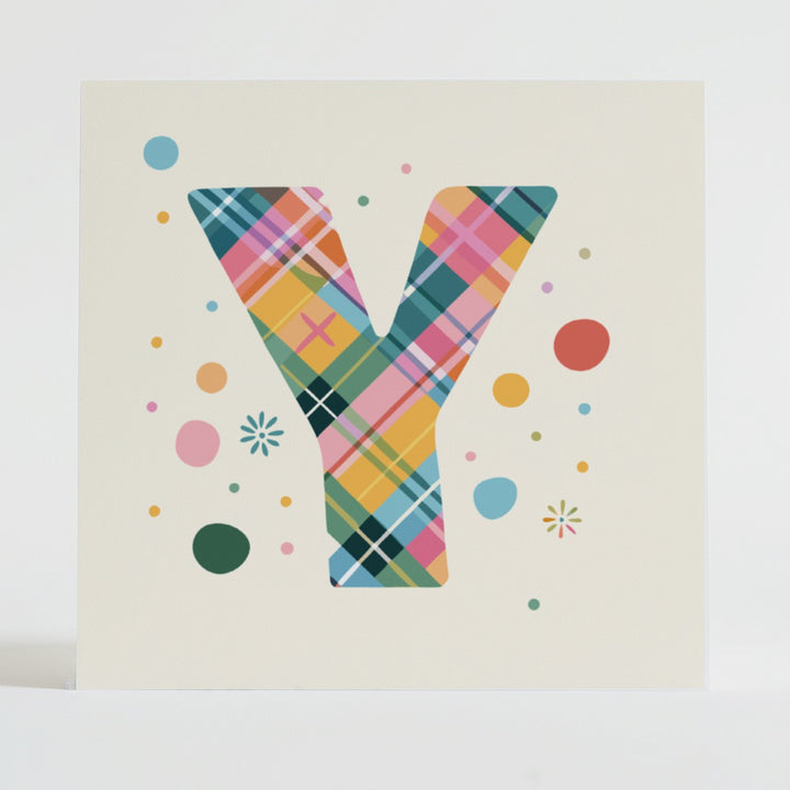 Tartan Pop Letter Y - Mental health card featuring a bold Y design with a tartan pattern and uplifting message.