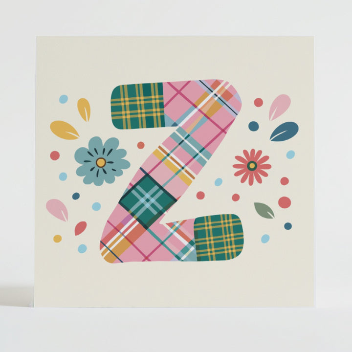 Tartan Pop Letter Z - Mental health card featuring a bold Z design with a tartan pattern and uplifting message.