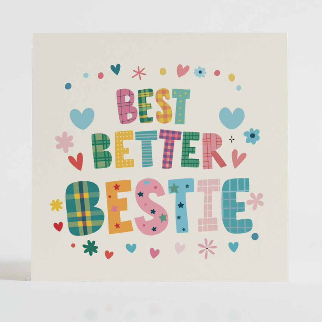 Best, Better, Bestie - Friendship card featuring a unique tartan design and message reflecting connection.