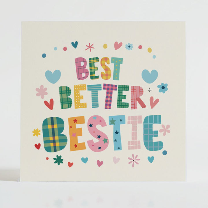 Best, Better, Bestie - Friendship card featuring a unique tartan design and message reflecting connection.