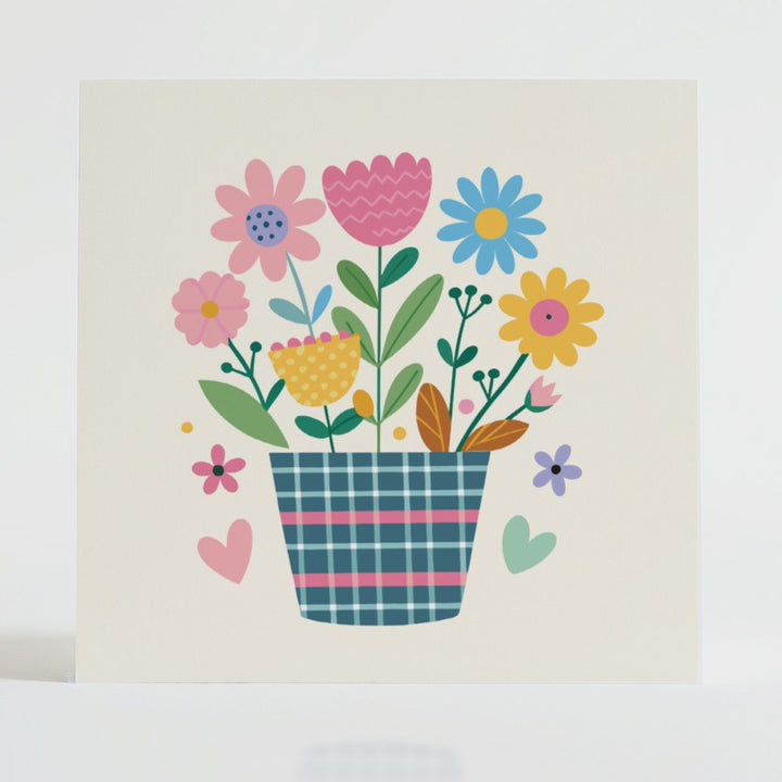 Tartan Pop Flowerpot 1 - Positivity card featuring a unique tartan design and message reflecting colour.