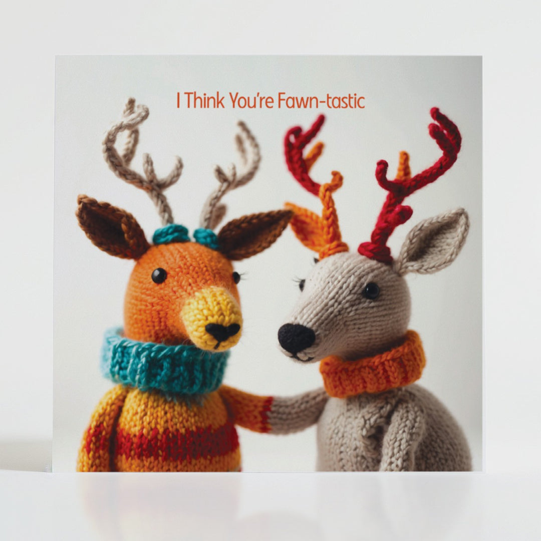 Fawn-tastic - Encouragement card featuring hand-knitted deer friends with cosy scarves for warmth and care.