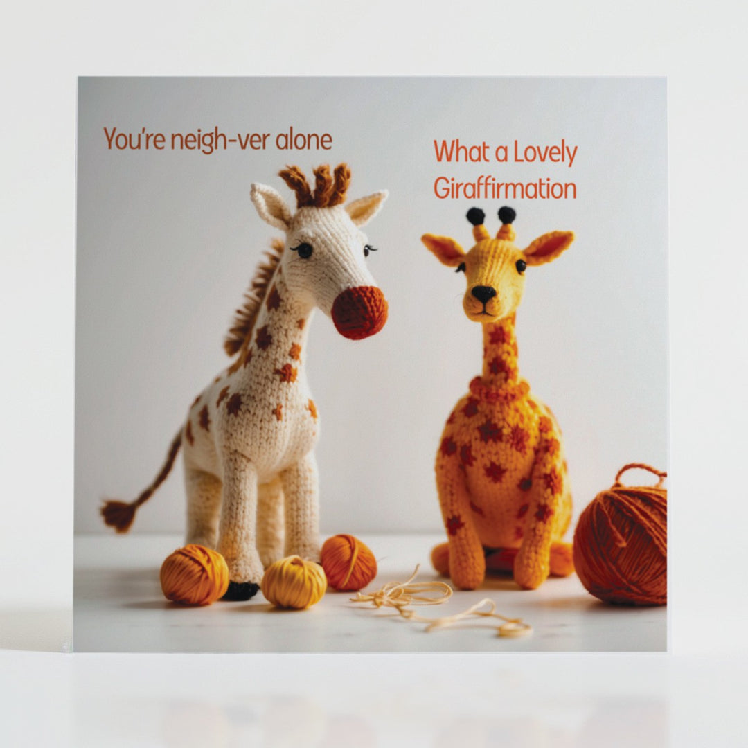 Giraffirmation - Supportive card with hand-knitted giraffes, symbolising long-lasting friendship and kindness.