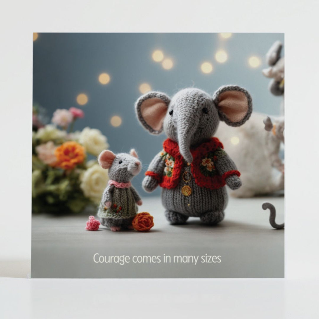 The Size of Courage - Supportive card featuring hand-knitted mice, symbolising courage and quiet strength.