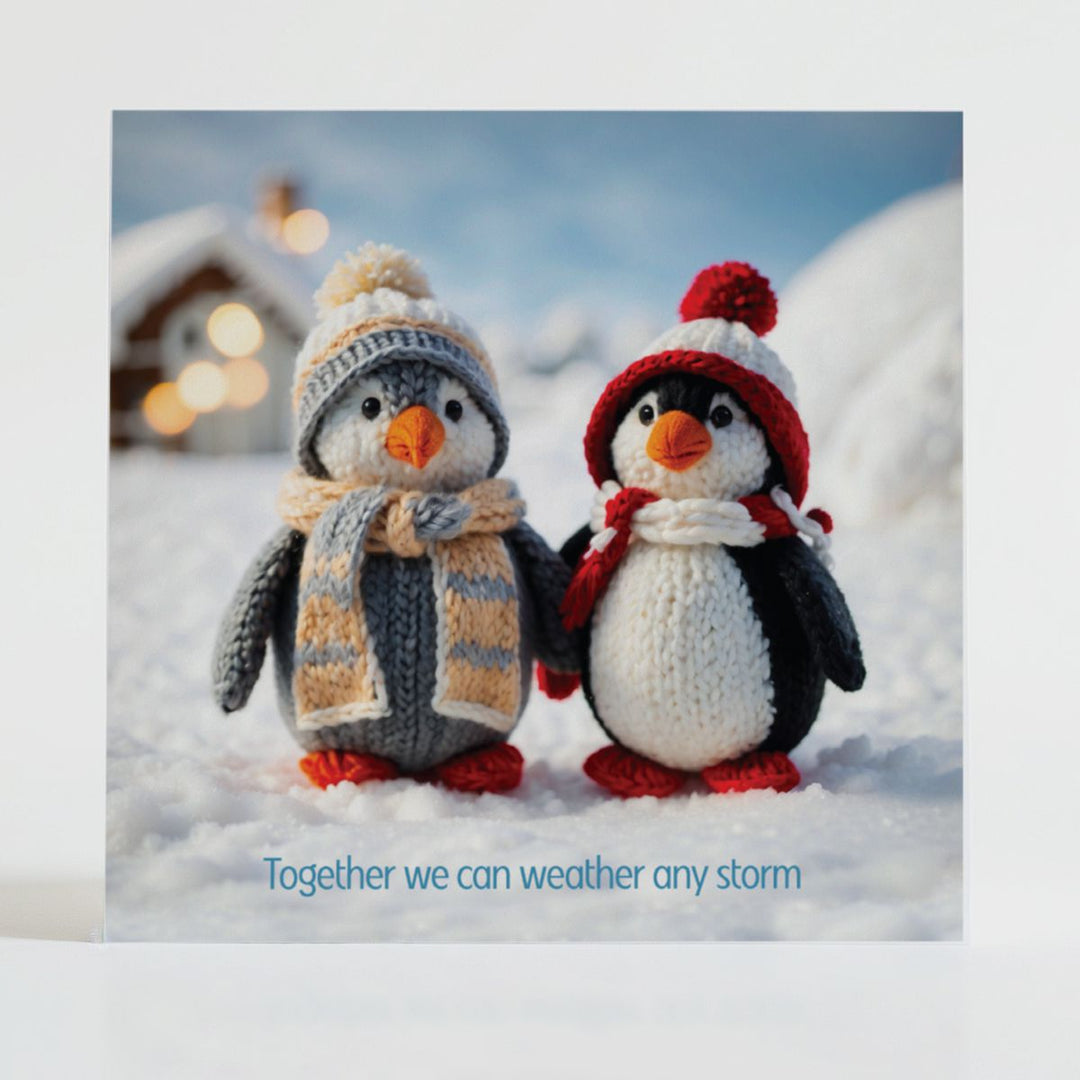 Together We Can - Mental health support card featuring knitted penguins wrapped in scarves, symbolising solidarity.