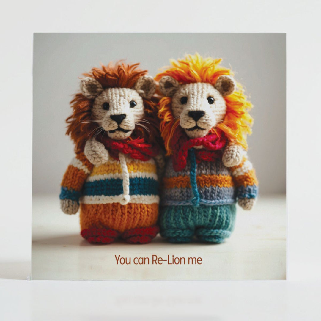 Re-Lion Me - Inspirational card featuring hand-knitted lions in winter jumpers, symbolising courage and confidence.
