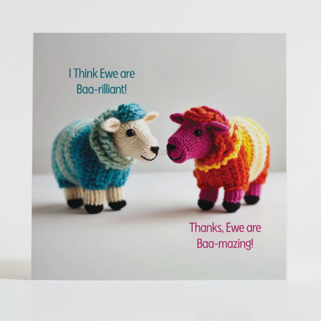Baa-rilliant - Gratitude card featuring cheerful hand-knitted sheep with a message of thanks and appreciation.